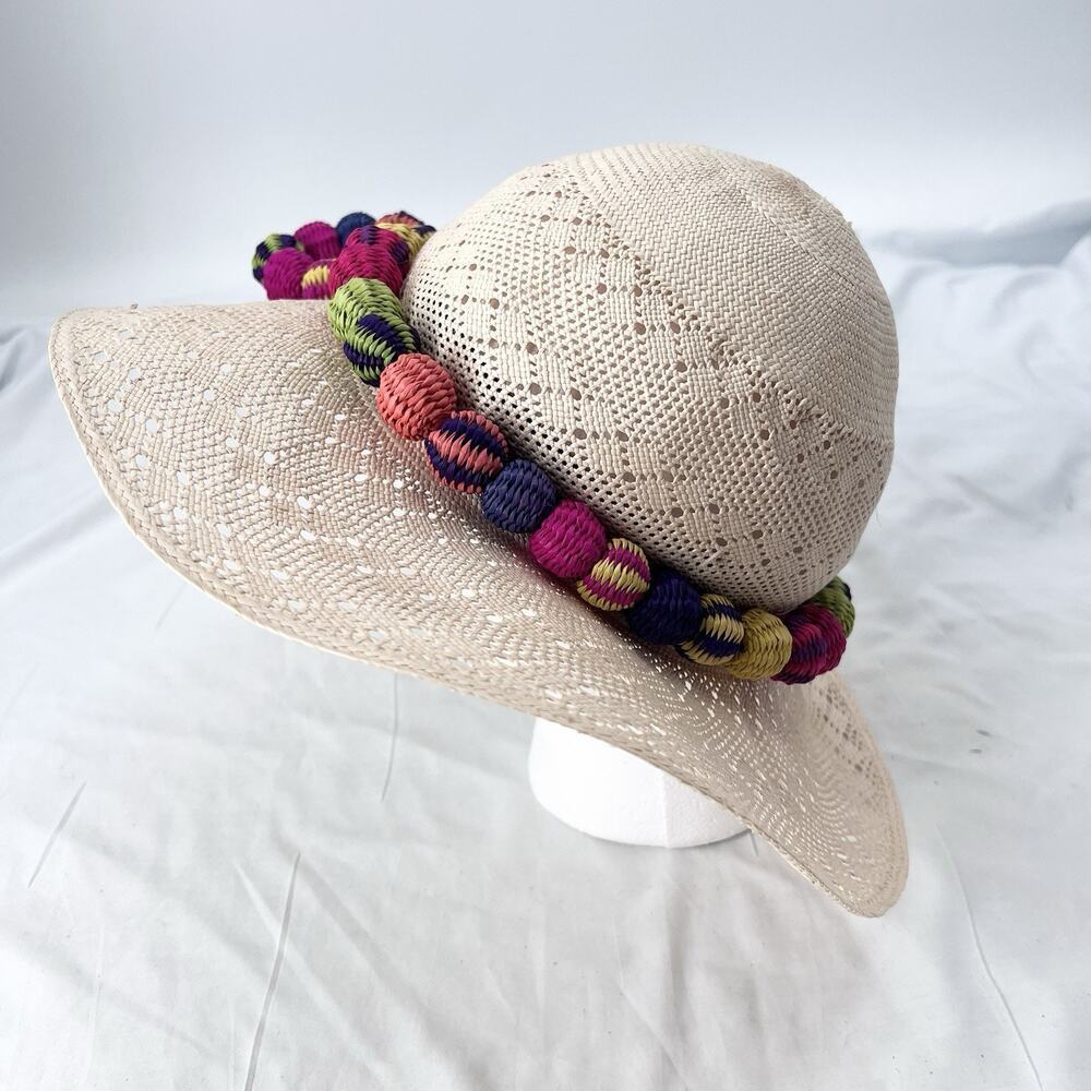 Montecristi Hats Ecuador Straw Floppy Wide Brim Sun Hat Colorful Details - Picture 2 of 10